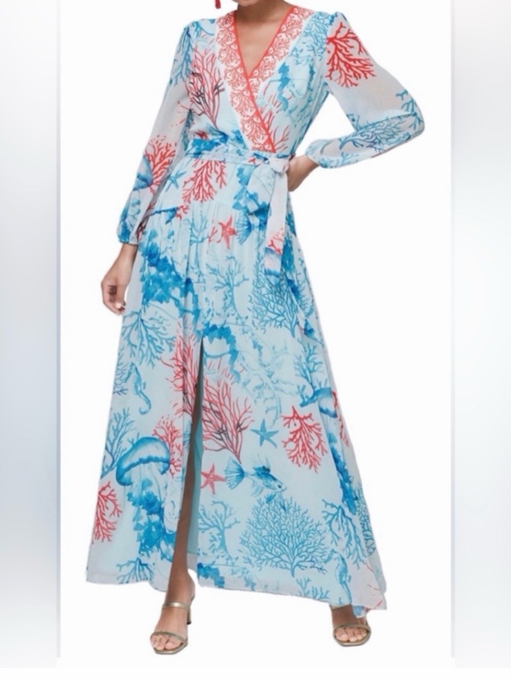 White House Black Market Light Blue Coral Print Wrap Maxi Dress